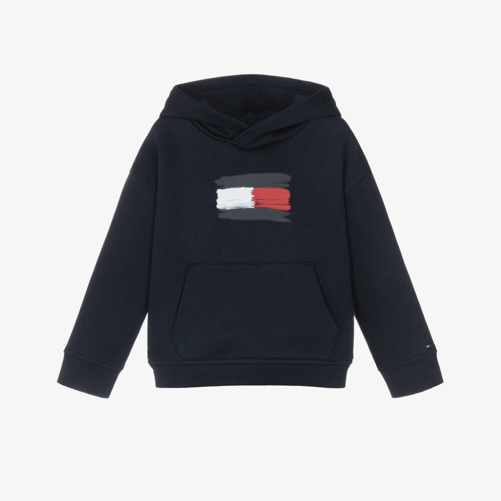Tommy Hilfiger-Boys Navy Blue Cotton Hoodie with Paint Effect Flag Logo | Childrensalon Outlet