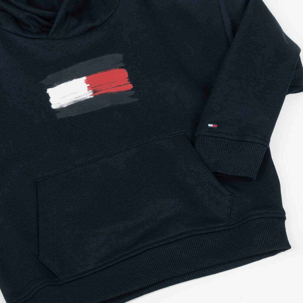 Tommy Hilfiger-Boys Navy Blue Cotton Hoodie with Paint Effect Flag Logo | Childrensalon Outlet