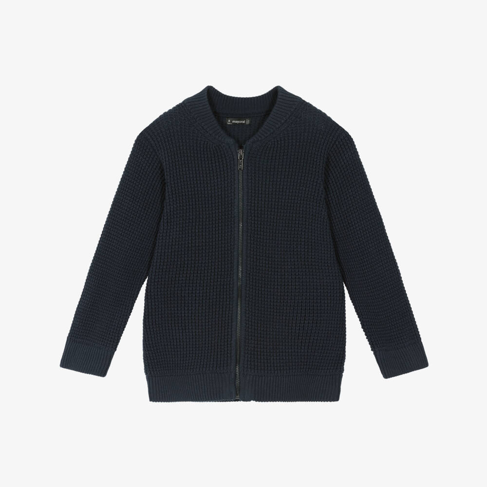 Mayoral-Boys Navy Blue Cotton Knit Zip-Up Cardigan | Childrensalon Outlet