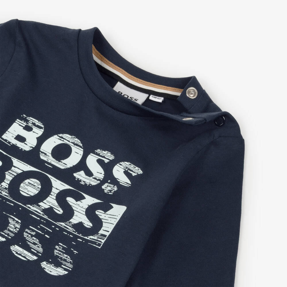 BOSS-Boys Navy Blue Cotton Logo Top | Childrensalon Outlet