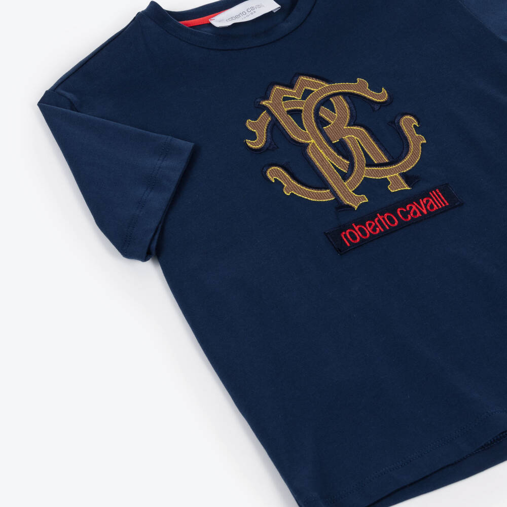 Roberto Cavalli-Boys Navy Blue Cotton Monogram Logo T-Shirt | Childrensalon Outlet