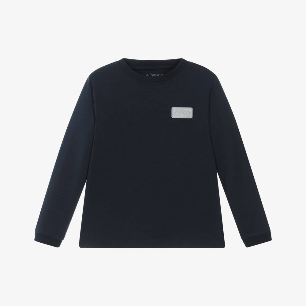 Mitch & Son-Boys Navy Blue Cotton Patch Long-Sleeved Top | Childrensalon Outlet