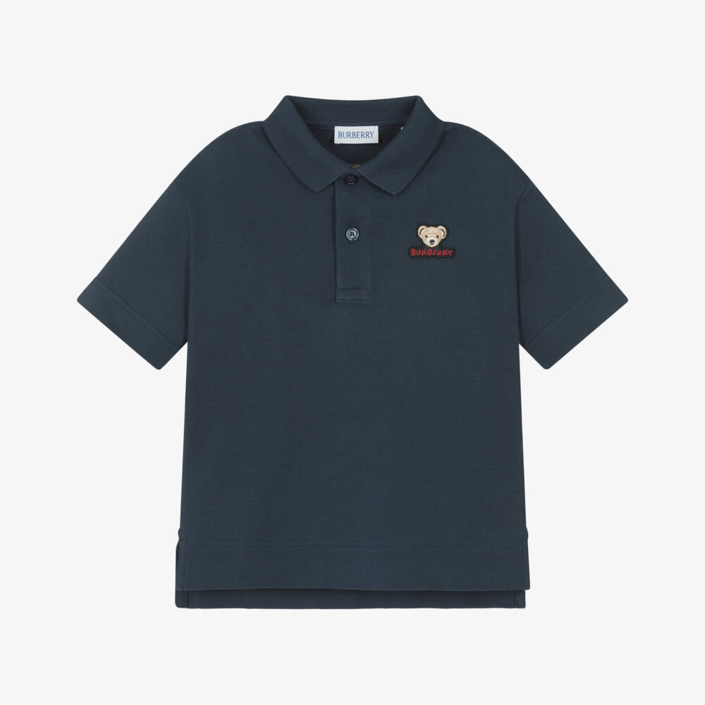 Burberry-Boys Navy Blue Cotton Piqué Polo Shirt with Thomas Bear Logo | Childrensalon Outlet
