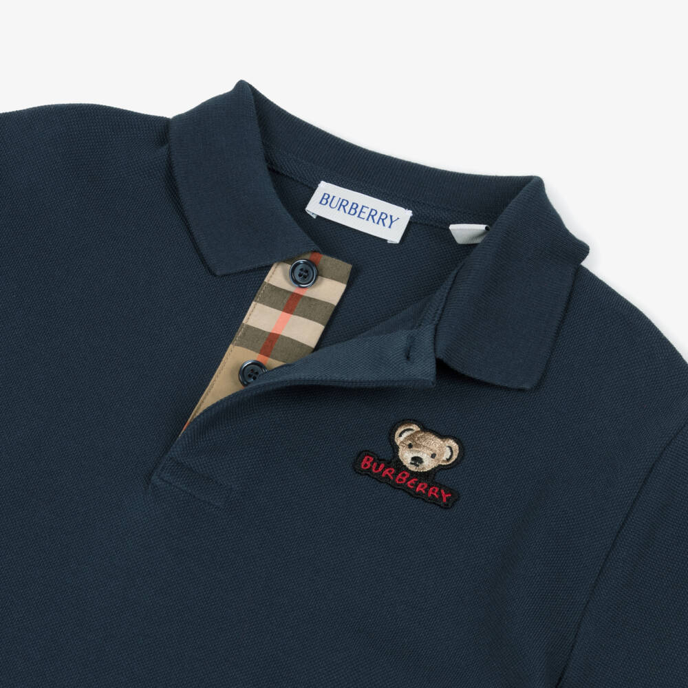 Burberry-Boys Navy Blue Cotton Piqué Polo Shirt with Thomas Bear Logo | Childrensalon Outlet