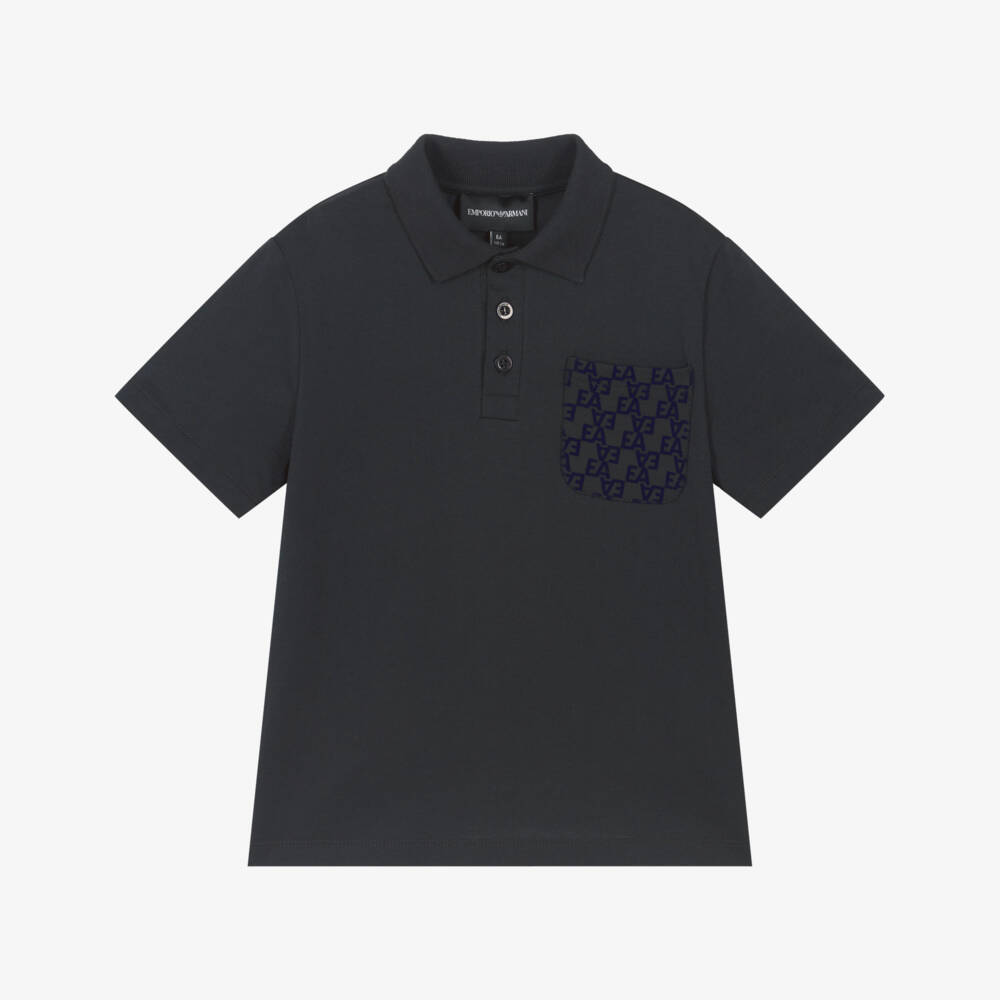 Emporio Armani-Boys Navy Blue Cotton Polo Shirt with Flocked EA Logo Pocket | Childrensalon Outlet