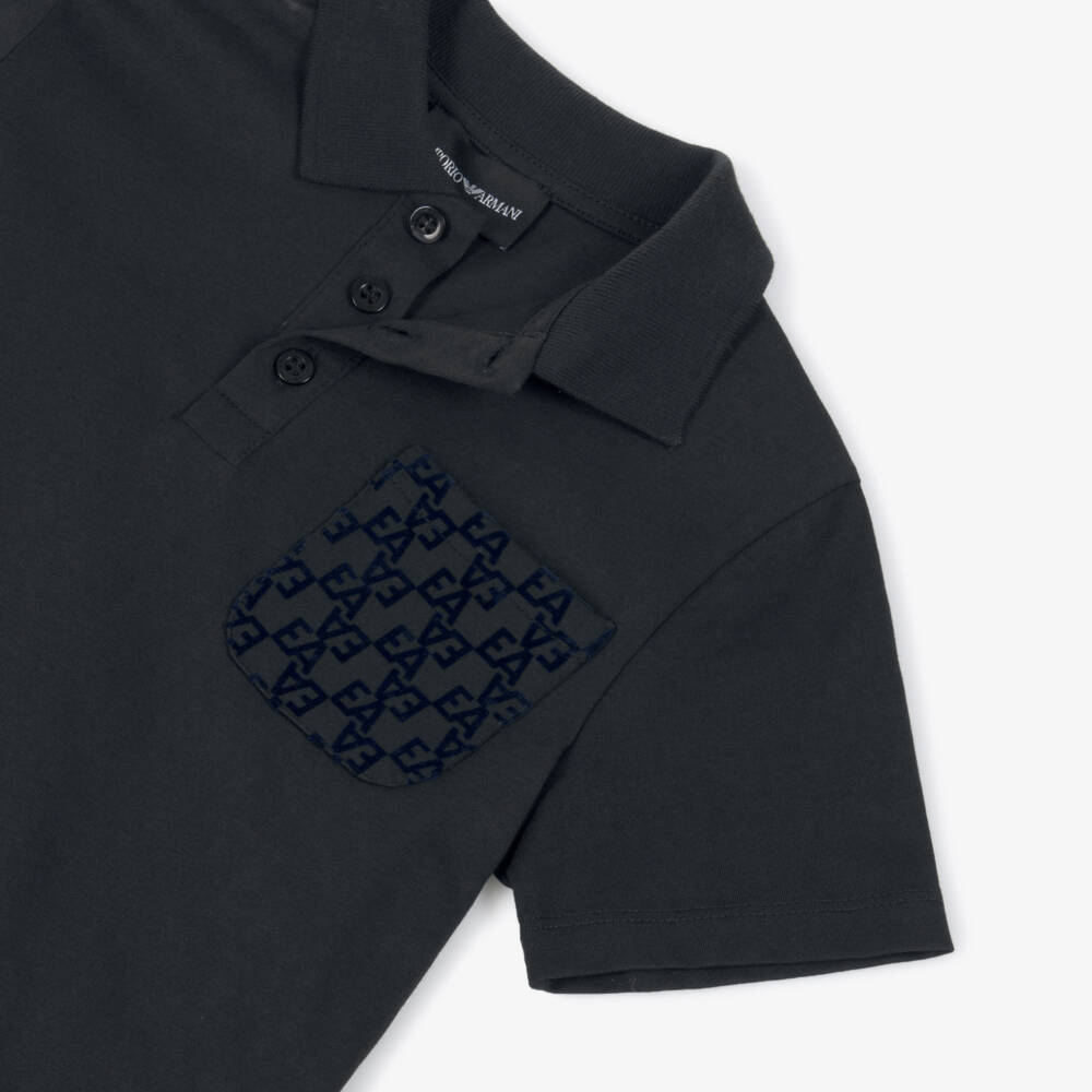 Emporio Armani-Boys Navy Blue Cotton Polo Shirt with Flocked EA Logo Pocket | Childrensalon Outlet