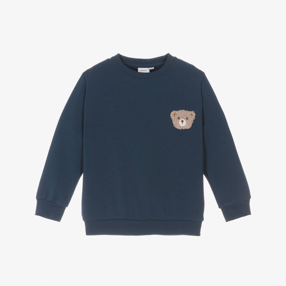 NAME IT-Boys Navy Blue Cotton Sweatshirt with Teddy Patch | Childrensalon Outlet