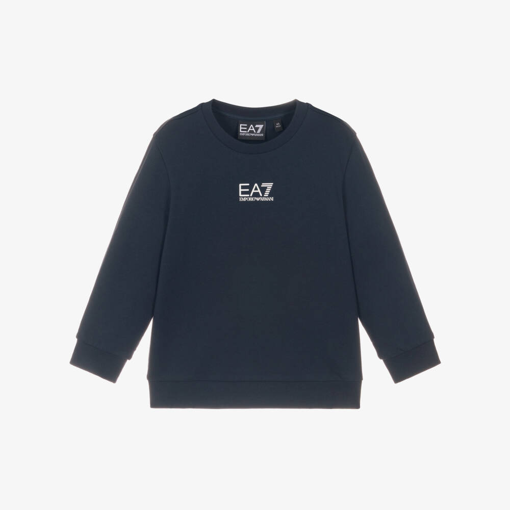 EA7 Emporio Armani-Boys Navy Blue Cotton Sweatshirt with White EA7 Print | Childrensalon Outlet