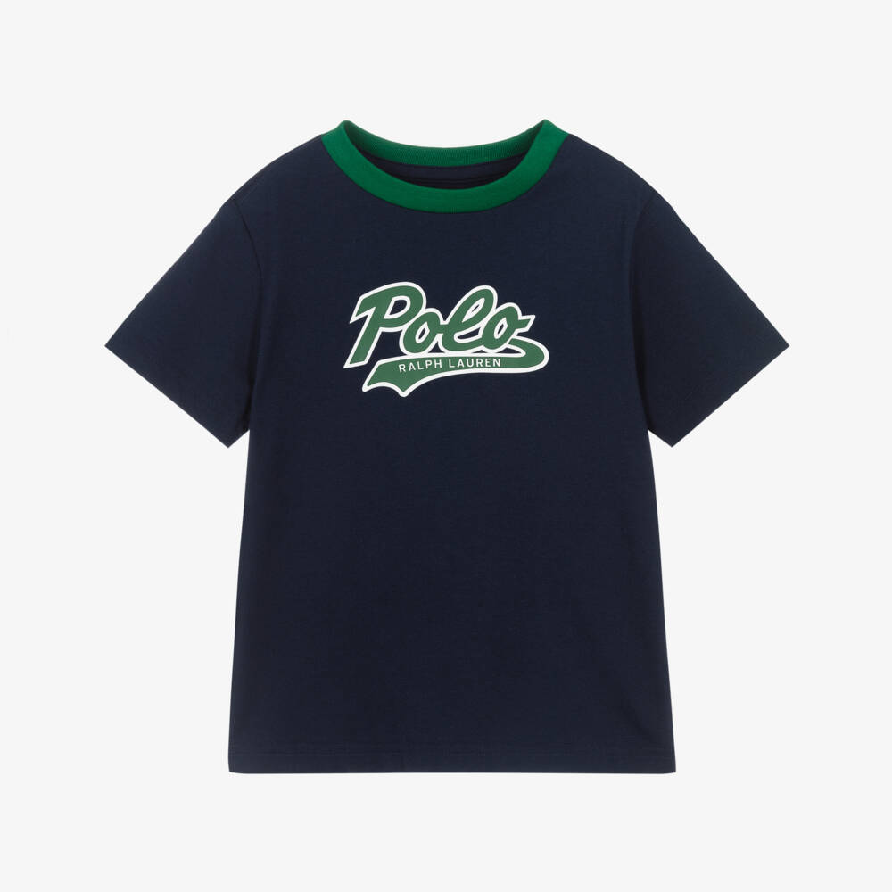 Ralph Lauren-Boys Navy Blue Cotton T-Shirt with Green Logo | Childrensalon Outlet