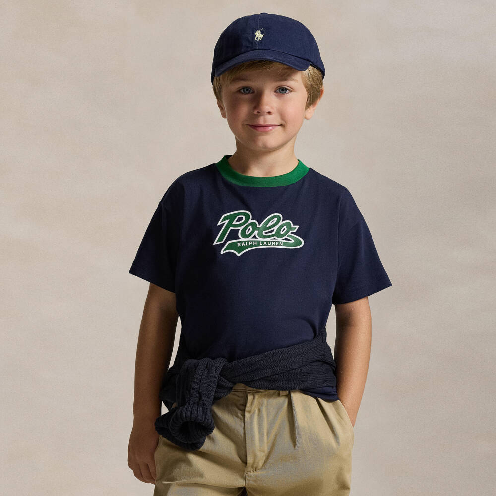 Ralph Lauren-Boys Navy Blue Cotton T-Shirt with Green Logo | Childrensalon Outlet