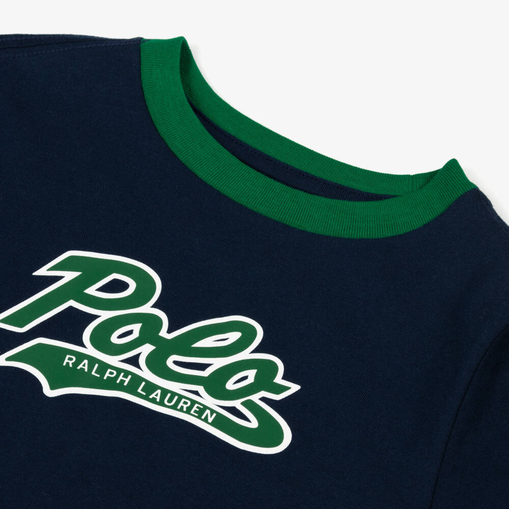 Ralph Lauren-Boys Navy Blue Cotton T-Shirt with Green Logo | Childrensalon Outlet