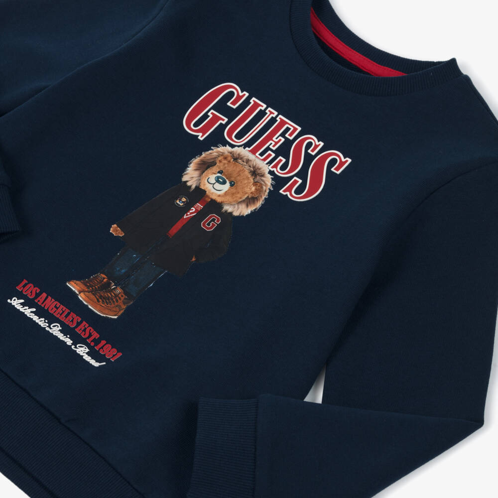 Guess-Boys Navy Blue Cotton Teddy Bear Logo Sweatshirt | Childrensalon Outlet