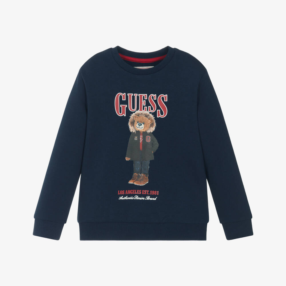 Guess-Boys Navy Blue Cotton Teddy Bear Logo Sweatshirt | Childrensalon Outlet