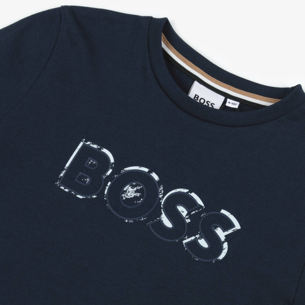 BOSS-Boys Navy Blue Cotton Top with Faded Logo | Childrensalon Outlet