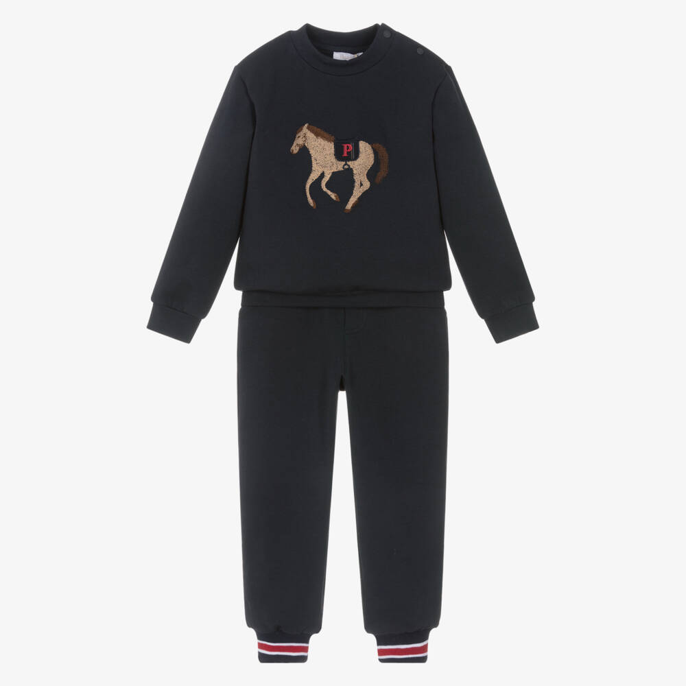 Patachou-Boys Navy Blue Cotton Tracksuit with Embroidered Horse | Childrensalon Outlet