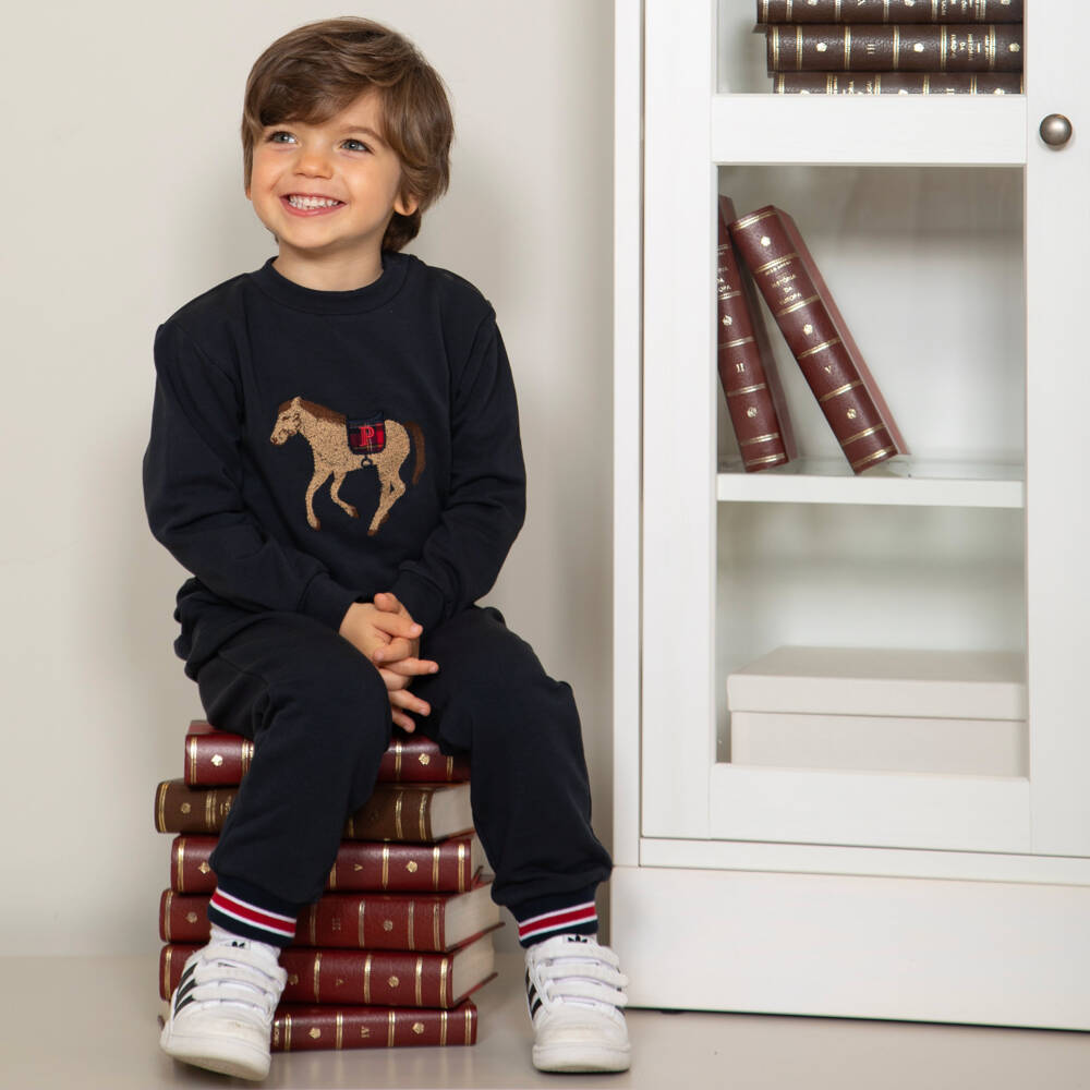 Patachou-Boys Navy Blue Cotton Tracksuit with Embroidered Horse | Childrensalon Outlet
