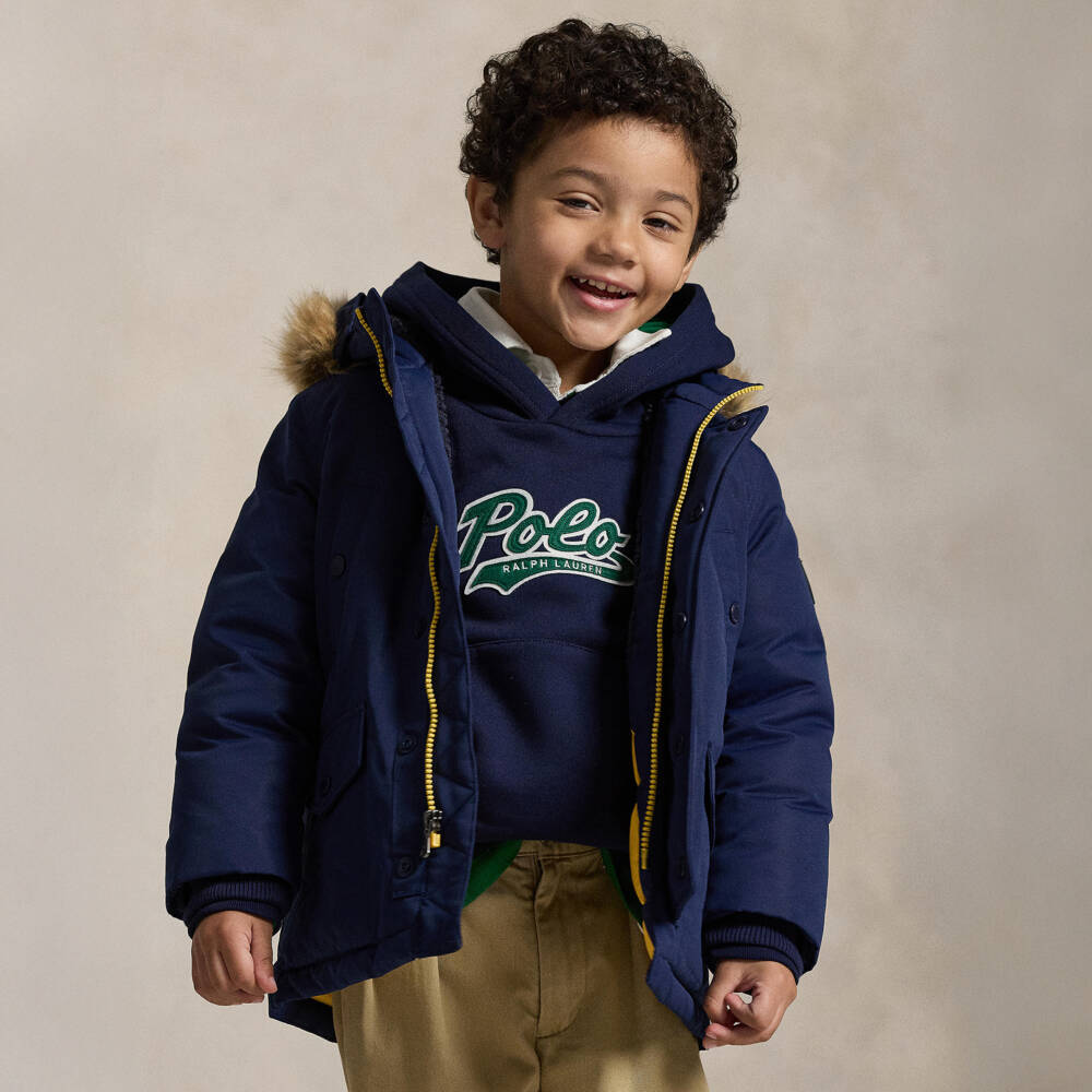 Ralph Lauren-Boys Navy Blue Down Padded Hooded Coat with Faux Fur Trim | Childrensalon Outlet