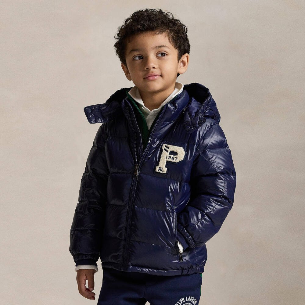 Ralph Lauren-Boys Navy Blue Down Puffer Jacket with Detachable Hood | Childrensalon Outlet