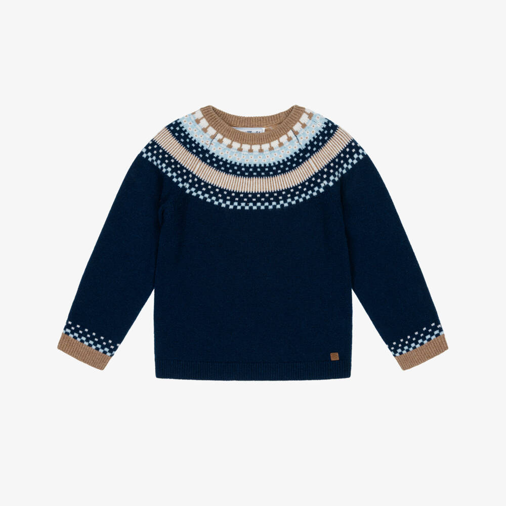 Tartine et Chocolat-Boys Navy Blue Fair Isle Wool Knit Jumper | Childrensalon Outlet