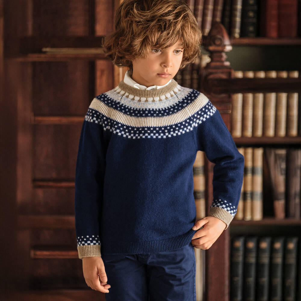 Tartine et Chocolat-Boys Navy Blue Fair Isle Wool Knit Jumper | Childrensalon Outlet