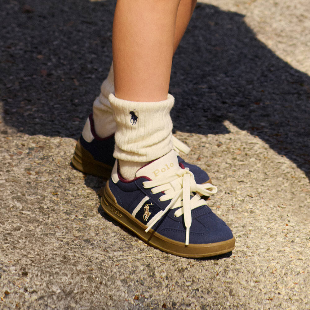 Ralph Lauren-Boys Navy Blue Faux Suede Lace-Up Trainers with Pony Logo | Childrensalon Outlet