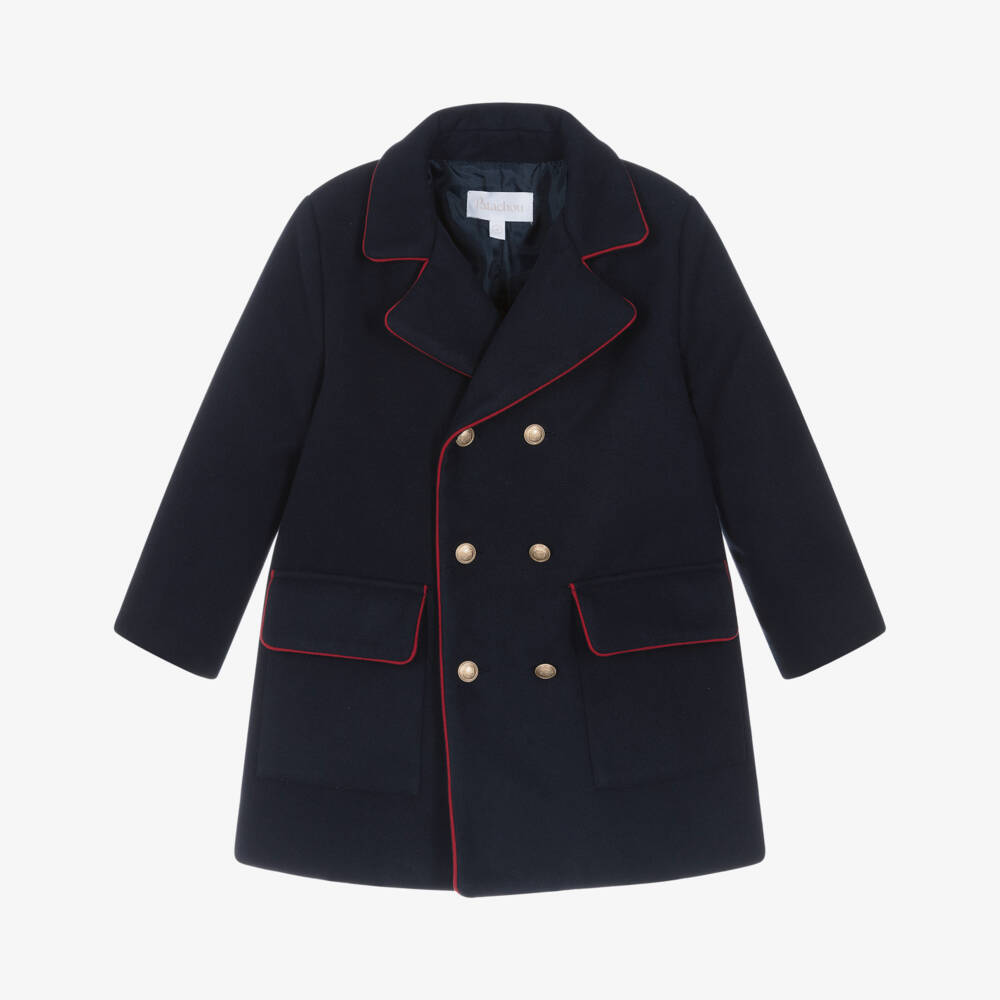 Patachou-Boys Navy Blue Felted Coat with Red Trims | Childrensalon Outlet