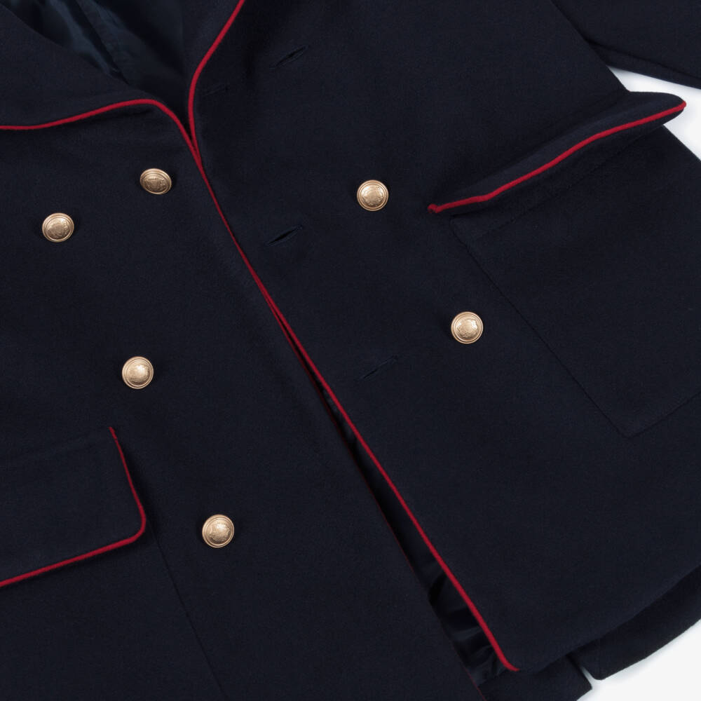 Patachou-Boys Navy Blue Felted Coat with Red Trims | Childrensalon Outlet