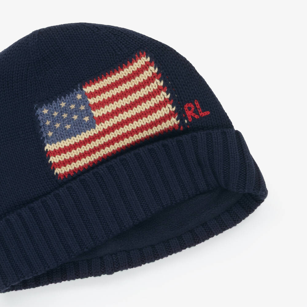 Ralph Lauren-Boys Navy Blue Flag Logo Cotton Beanie Hat | Childrensalon Outlet