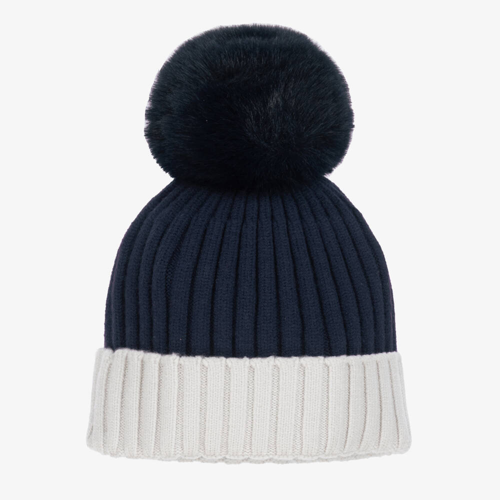 Mitch & Son-Boys Navy Blue & Grey Knitted Hat with Faux Fur Pom-Pom | Childrensalon Outlet