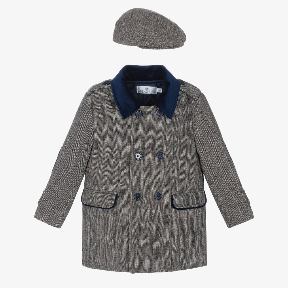 Beau KiD-Boys Navy Blue Houndstooth Coat & Hat Set | Childrensalon Outlet