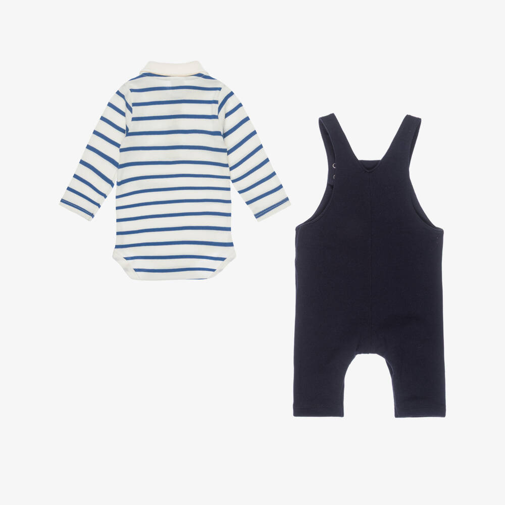 Petit Bateau-Boys Navy Blue & Ivory Striped Dungaree Set | Childrensalon Outlet