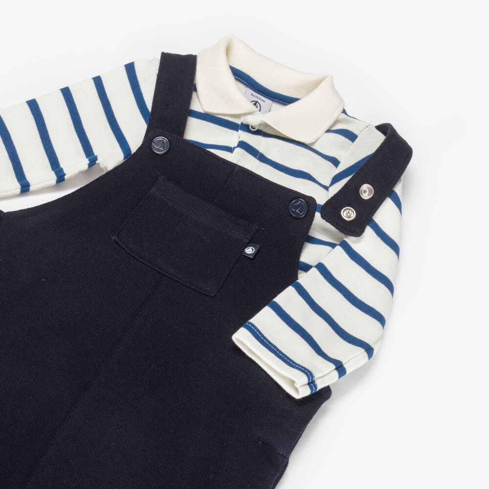 Petit Bateau-Boys Navy Blue & Ivory Striped Dungaree Set | Childrensalon Outlet