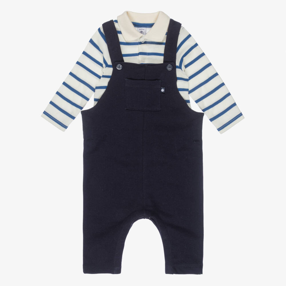 Petit Bateau-Boys Navy Blue & Ivory Striped Dungaree Set | Childrensalon Outlet