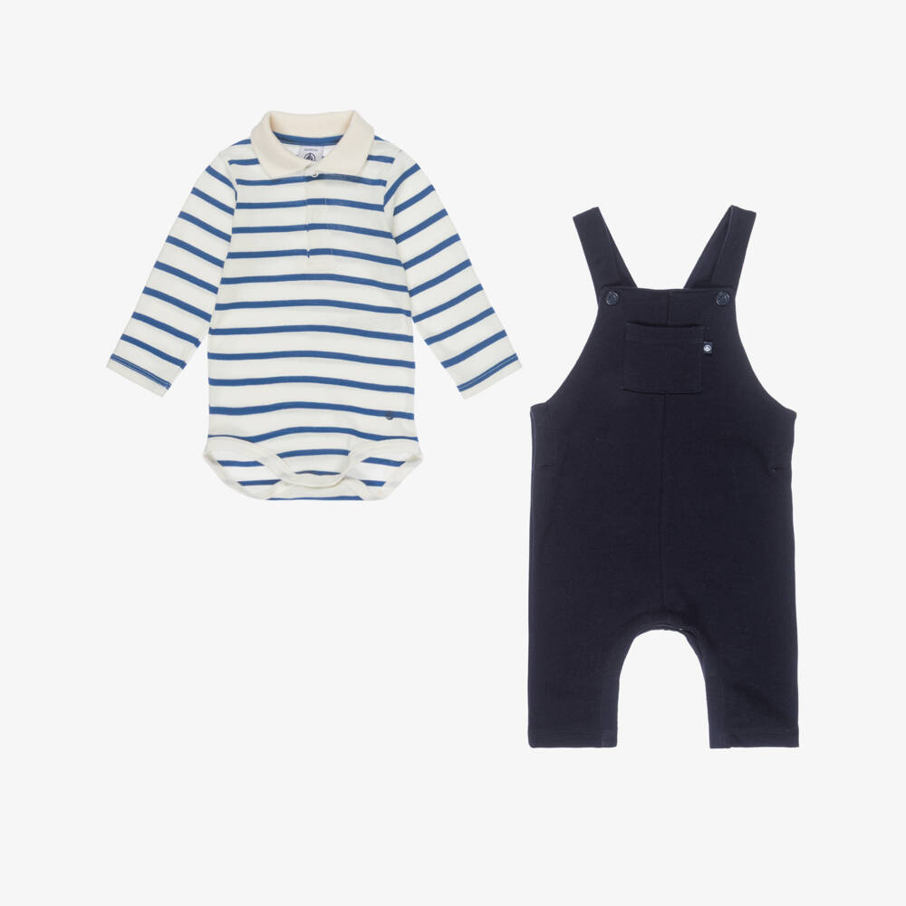 Petit Bateau-Boys Navy Blue & Ivory Striped Dungaree Set | Childrensalon Outlet
