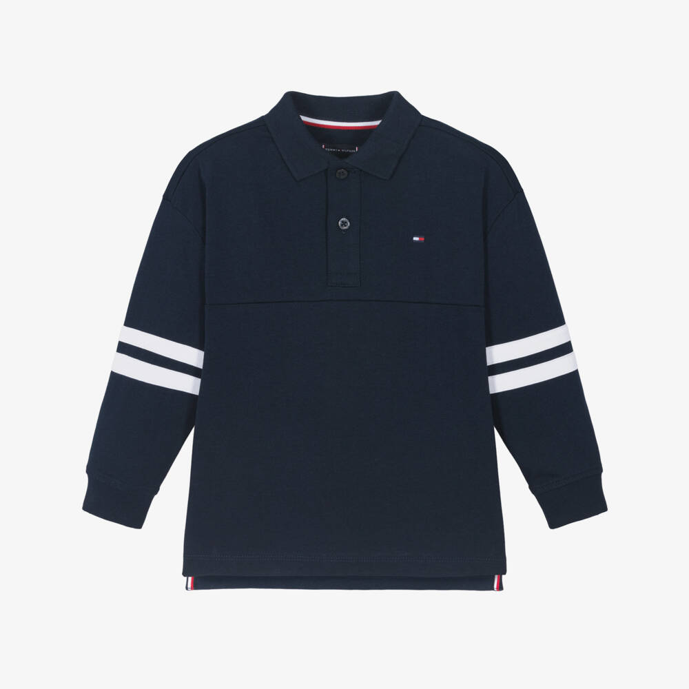 Tommy Hilfiger-Boys Navy Blue Jersey Polo Shirt with Stripes | Childrensalon Outlet