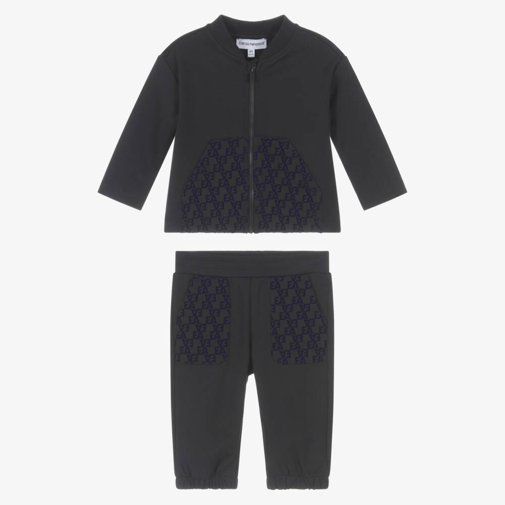 Emporio Armani-Boys Navy Blue Jersey Tracksuit with Flocked EA Logo Pockets | Childrensalon Outlet