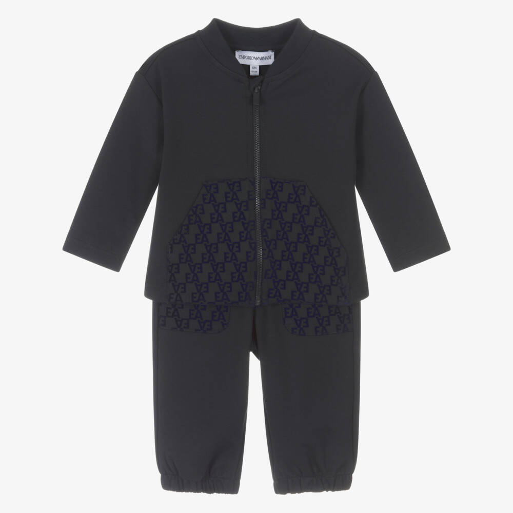 Emporio Armani-Boys Navy Blue Jersey Tracksuit with Flocked EA Logo Pockets | Childrensalon Outlet