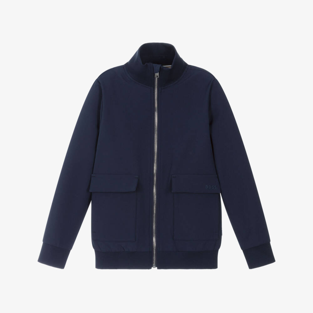 BOSS-Boys Navy Blue Jersey Zip-Up Top | Childrensalon Outlet