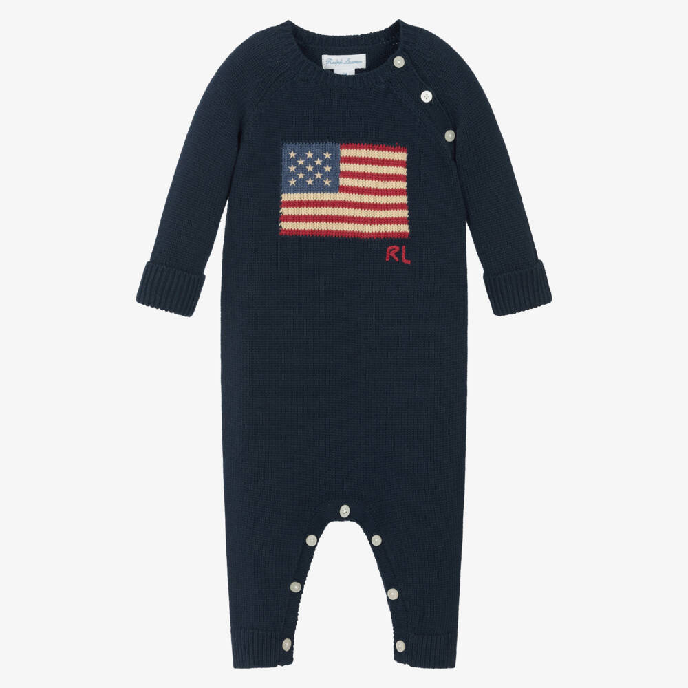 Ralph Lauren-Boys Navy Blue Knitted Cotton USA Flag Romper | Childrensalon Outlet