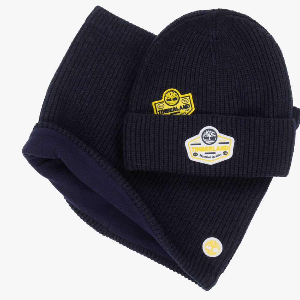 Timberland-Boys Navy Blue Knitted Hat & Snood Set with Logo Patches | Childrensalon Outlet