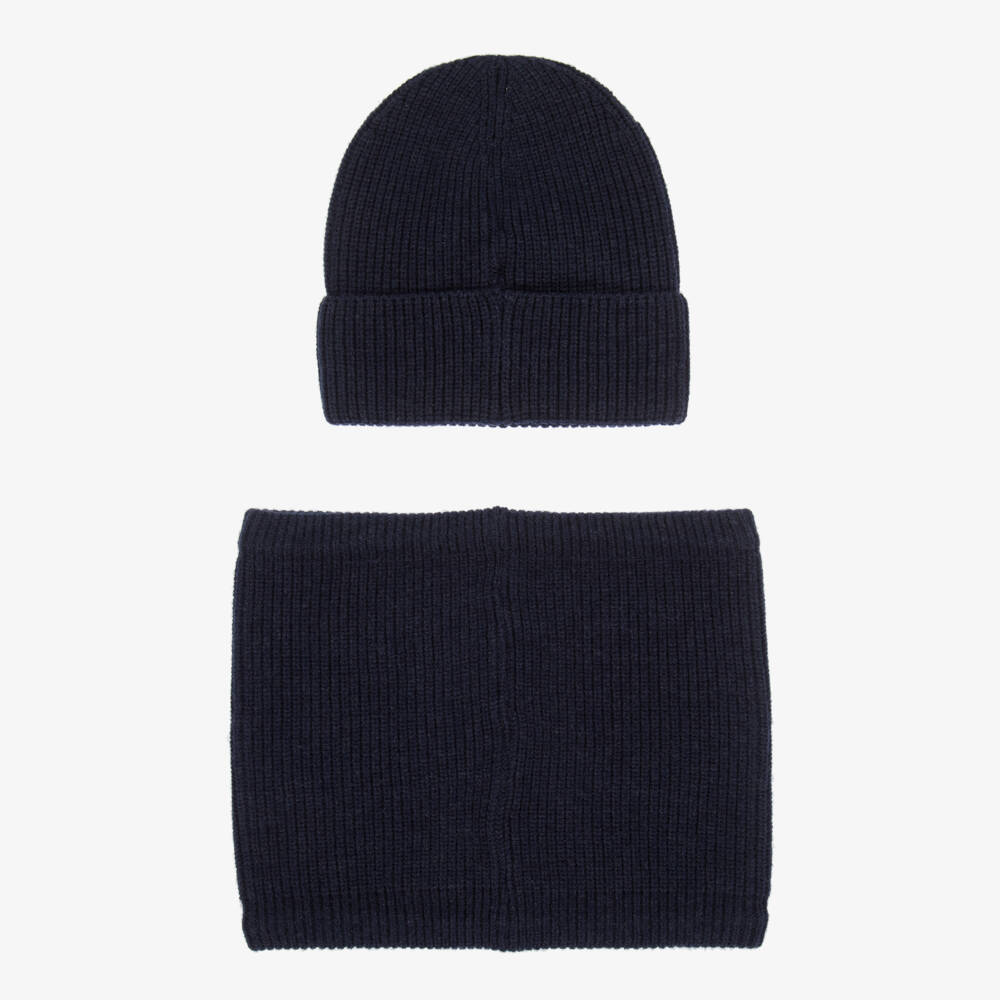 Timberland-Boys Navy Blue Knitted Hat & Snood Set with Logo Patches | Childrensalon Outlet