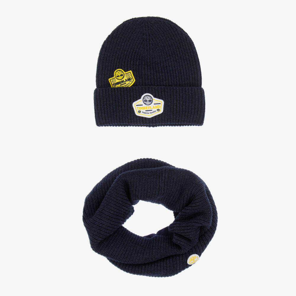 Timberland-Boys Navy Blue Knitted Hat & Snood Set with Logo Patches | Childrensalon Outlet