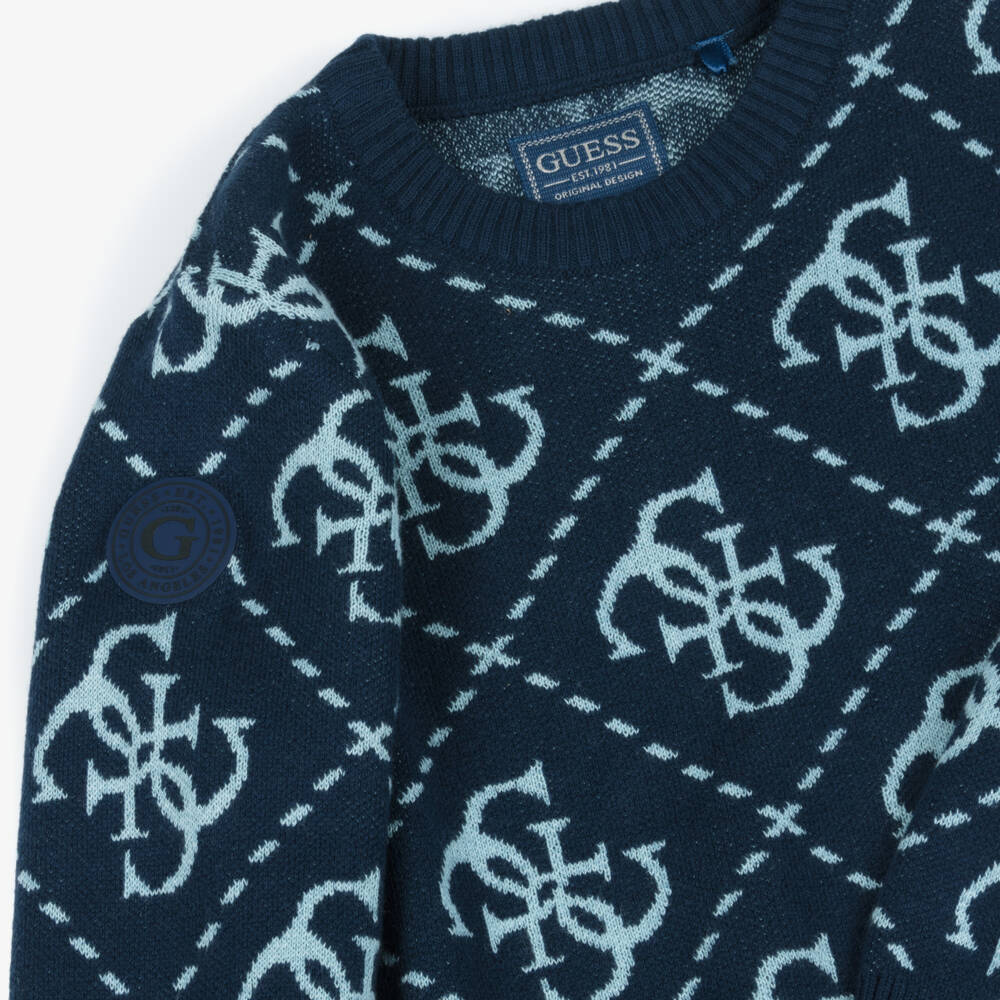 Guess-Boys Navy Blue Knitted Intarsia 4G Logo Sweater | Childrensalon Outlet