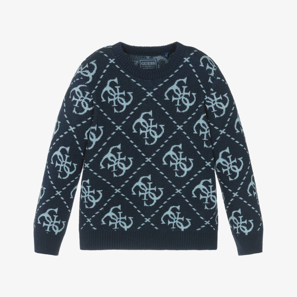 Guess-Boys Navy Blue Knitted Intarsia 4G Logo Sweater | Childrensalon Outlet