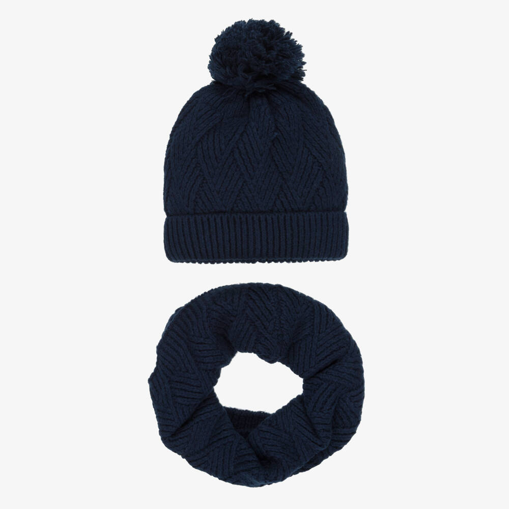 iDO-Boys Navy Blue Knitted Pom-Pom Hat & Snood Set | Childrensalon Outlet