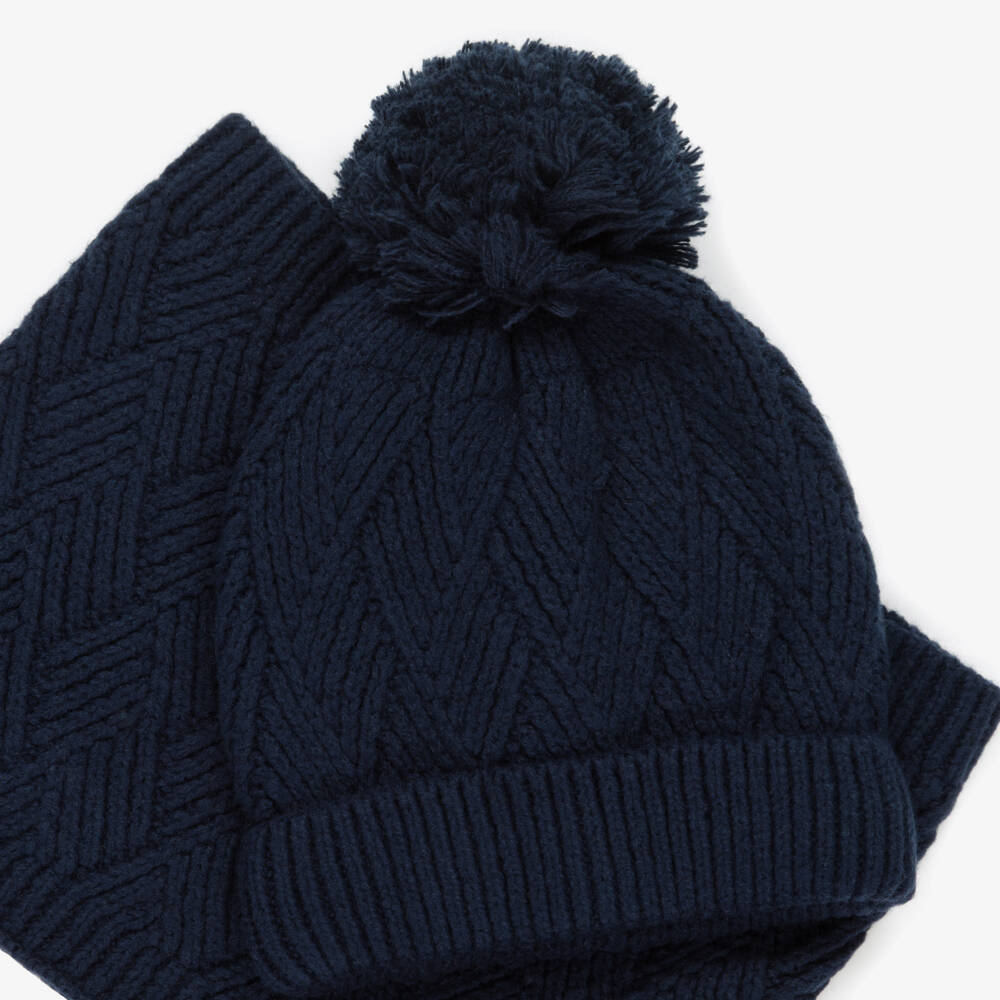iDO-Boys Navy Blue Knitted Pom-Pom Hat & Snood Set | Childrensalon Outlet