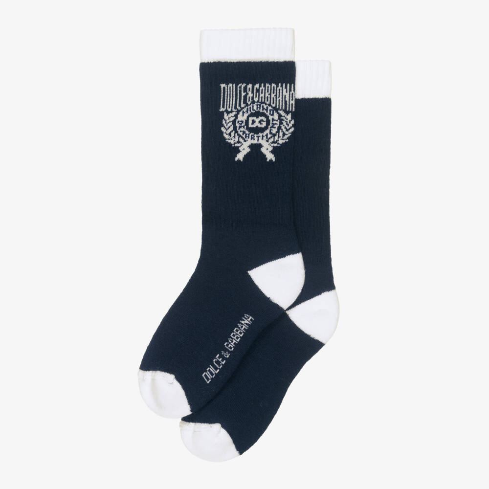 Dolce & Gabbana-Boys Navy Blue Knitted Socks with Crest Logo | Childrensalon Outlet