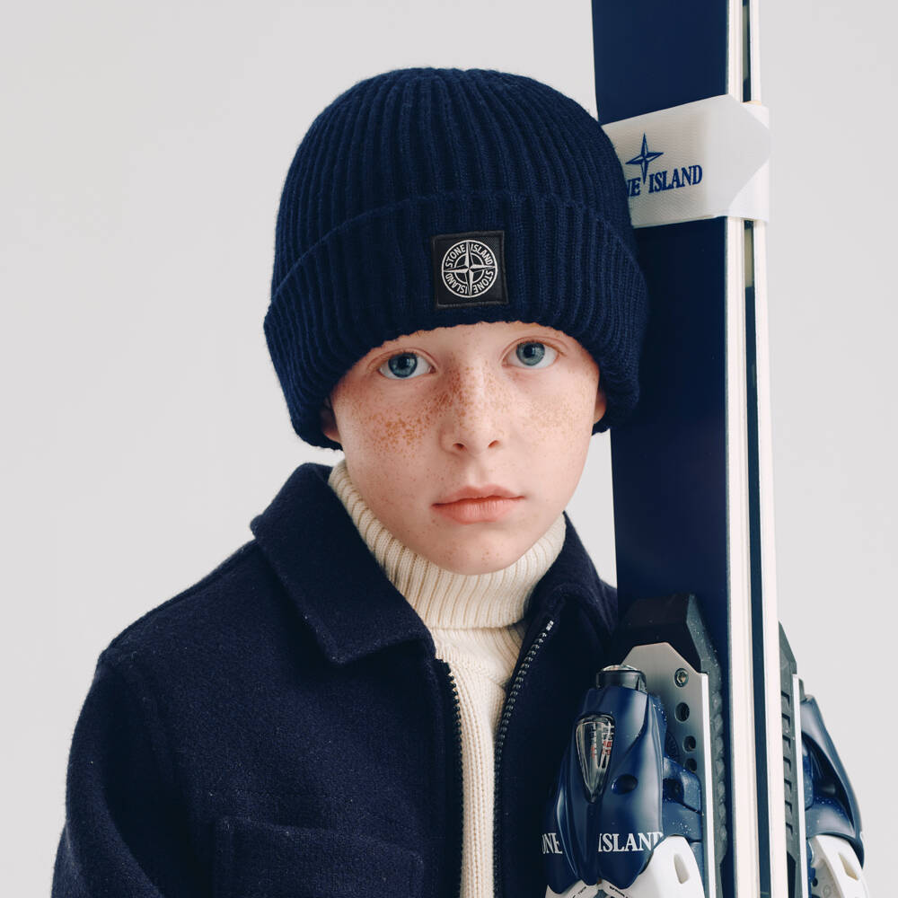 Stone Island Junior-Boys Navy Blue Knitted Wool Beanie Hat | Childrensalon Outlet
