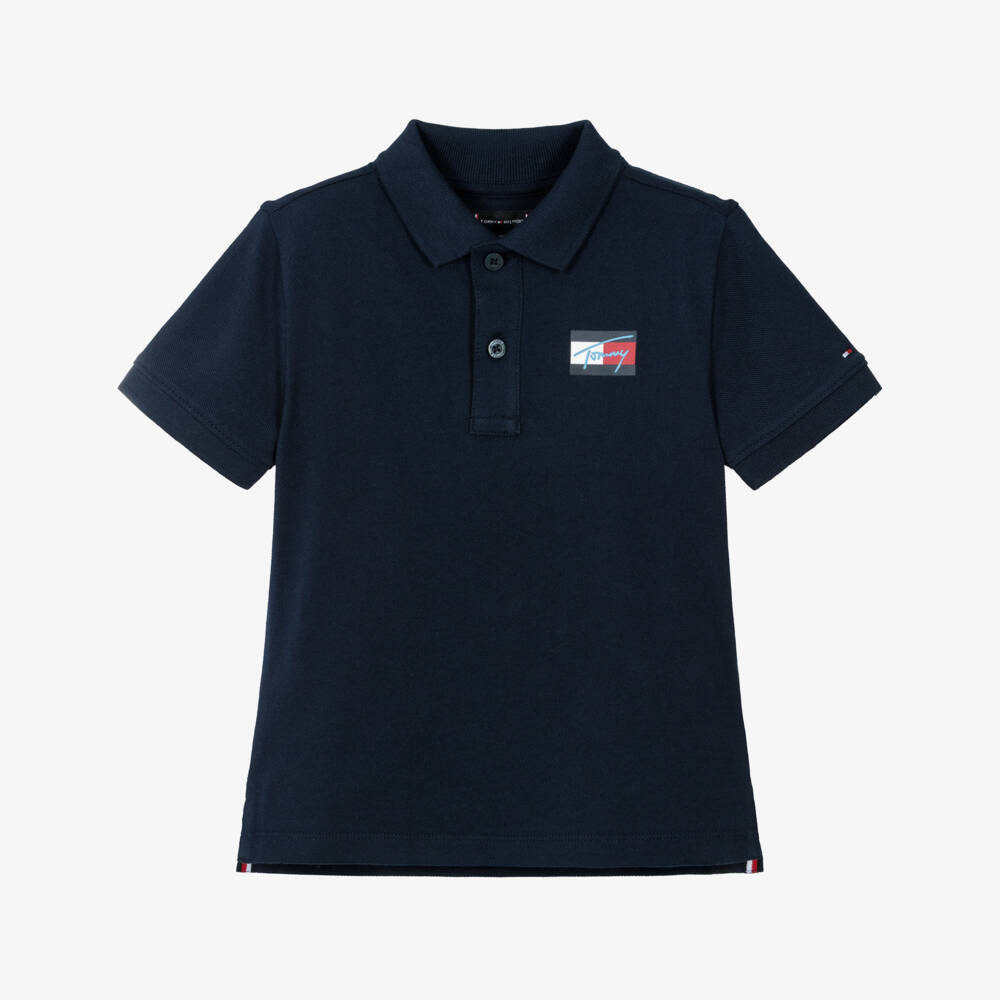 Tommy Hilfiger-Boys Navy Blue Piqué Polo Shirt with Signature Logo | Childrensalon Outlet