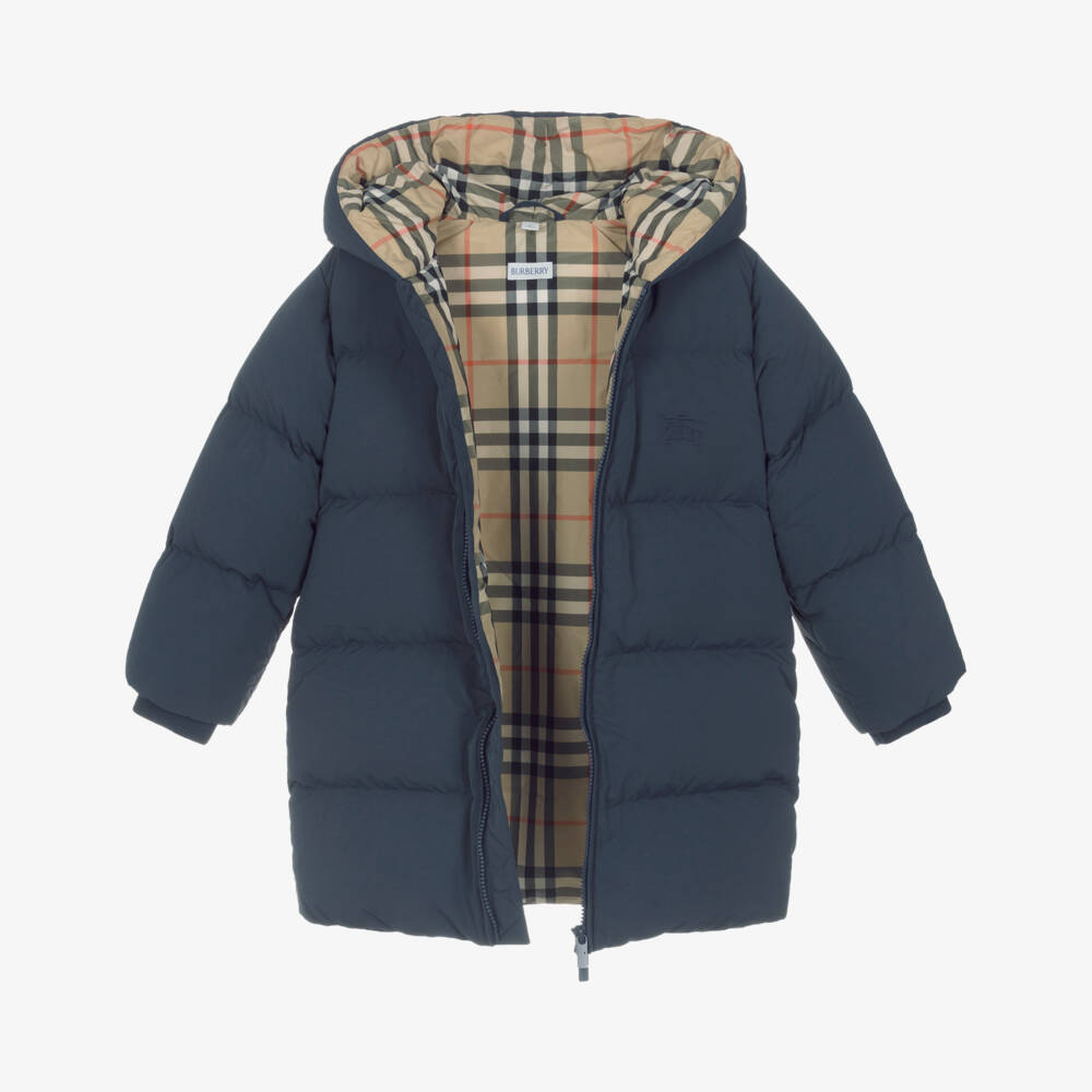 Burberry-Boys Navy Blue Puffer Coat with EKD Embroidery | Childrensalon Outlet